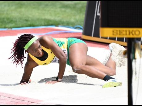Jamaica’s Chanice Porter competing in the women’s long jump qualification round on day nine of the World Athletics Championships at Hayward Field in Eugene, Oregon yesterday.