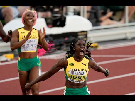Credit: AP Jamaica’s Shericka Jackson (right) roars after winning the women’s 200 metres ahead of an impressed Shelly-Ann Fraser-Pryce at the World Athletics Championships on Thursday, July 21, 2022, in Eugene, Oregon.