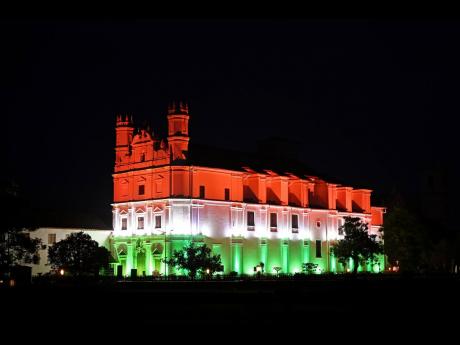 
Se Cathedral Church in the west coast city of Goa is illuminated with the tricolour.