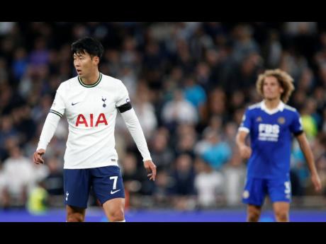 
Tottenham’s Son Heung-min looks on during the English Premier League soccer match against Leicester City at Tottenham Hotspur Stadium in London yesterday. Tottenham won 6-2.