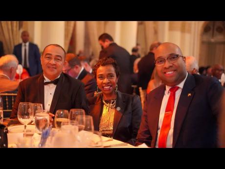 US Congresswoman Yvette Clarke is flanked by Jamaica’s Minister of Health Dr Christopher Tufton and Delano Seiveright, senior advisor and strategist in the Ministry of Tourism.