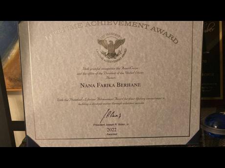 The United States President’s Lifetime Achievement Award that was given to Jamaica-born Nana Farika Berhane by President Joe Biden on Thursday, September 29.