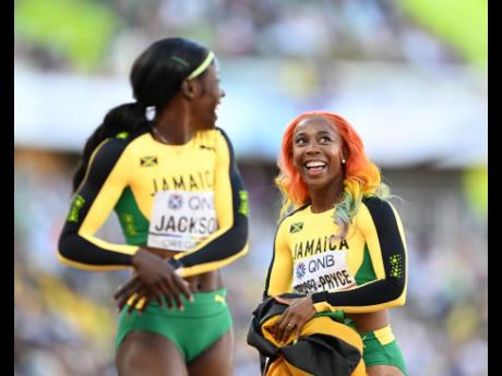 Credit: Gladstone Taylor Shelly-Ann Fraser-Pryce (right) has a light moment with teammate Shericka Jackson after the two competed in the women’s 4x100-metre relay at the Hayward Field in Eugene, Oregon, back in July.