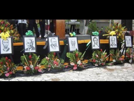 Portraits of Jamaica’s national heroes (from left): Paul Bogle, Sir Alexander Bustamante, Marcus Mosiah Garvey, Nanny of the Maroons, George William Gordon, Norman Washington Manley, and Samuel Sharpe. File