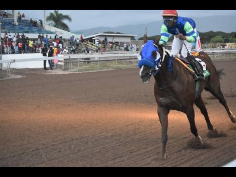 
MAHOGONY, ridden by Reyan Lewis, wins the Gold Cup over seven furlongs at Caymanas Park yesterday.