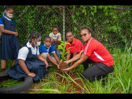 Taza Elliot (right), Scotia Foundation volunteer and customer service officer with the Scotiabank Junction, St Elizabeth branch, plants a tree at the Epping Forrest Primary School in St Elizabeth with students and Ann-Marie Bromfield from the Forestry Depa