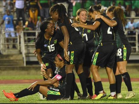 Credit: Ashley Anguin Jamaica’s Reggae Girlz celebrate after scoring a late winner in their friendly international against Paraguay at Catherine Hall Sports Complex in Montego Bay on Thursday night. Jamaica won 1-0.