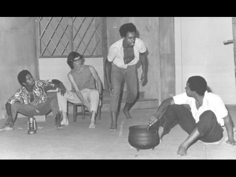 In this 1975 photo, (from left) are actors Paul Dietrich, Brian McKillop and Brian Kimble - the three suitors- and Howard Clayton who played Anansi in ‘Breakfast with a Witch”, by Dennis Scott at the opening of Montego Bay Little Theatre Movement at Fa