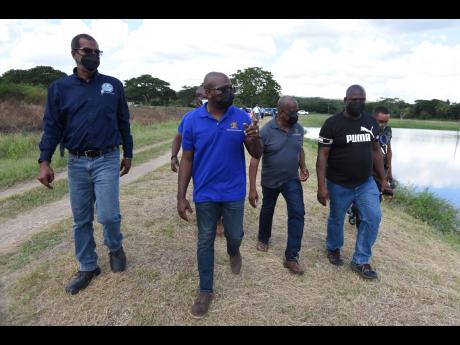 Credit: Kenyon Hemans Ministry of Agriculture and Fisheries, Pearnel Charles Jr. (centre) tours fish farms in Spring Village and Hill Run in St Catherine. He is accompanied by (from left) Gavin Bellamy, CEO National Fisheries; Frank Witter, minister of state in the Ministry of
