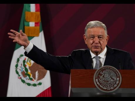 Mexican President Andres Manuel Lopez Obrador gives his regularly scheduled morning press conference at the National Palace in Mexico City on Tuesday, February 28, 2023.