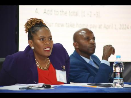 Jamaica Teachers’ Association President La Sonja Harrison (left) and Secretary General Dr Mark Nicely at a special delegates conference last week.