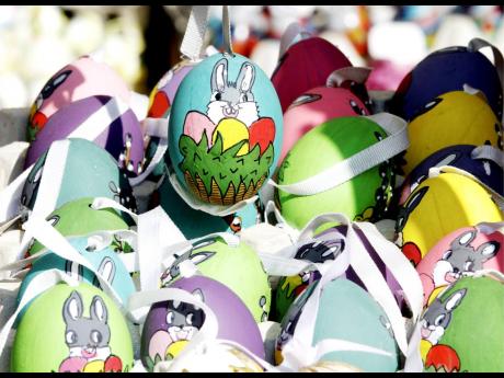 Colourful Easter eggs are piled to decorate booths  at a traditional Easter market at the Freyung square in downtown Vienna.