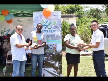 Credit: Herbert McKenis Photo Shifu Haung (left) of Afresh Marketplace, and Zhiqiun King Lu (right) of Harbour City Shopping Mall, present Easter bun and cheese to Neville Morgan, groundsman, and Barabara Leach, senior house mother, for themselves and the young ladies of the Montego Ba