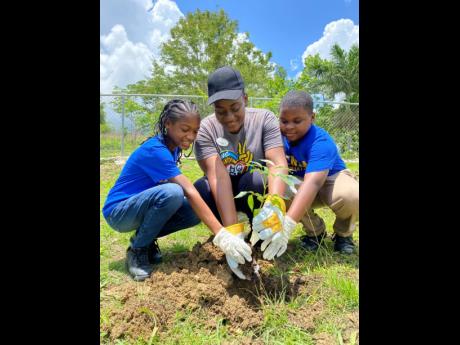 Students of Kendal Primary School assist Monique Munroe, Sandals Foundation volunteer from Sandals Negril Resort and Spa, to plant an ornamental tree in light of Earth Day celebrations.