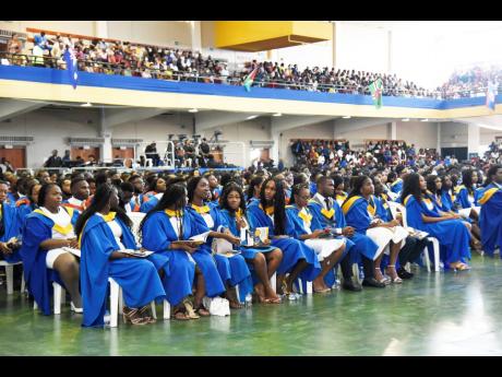 This November 2022 photo a section of graduating students a the University of Technology, Jamaica graduation ceremony at National Arena.