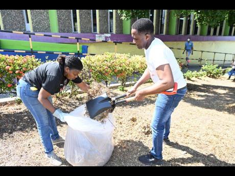 Wheina Nelson (left), commercial facilities officer, and George Carby, office service support assistant, both from VM Property Services Limited, clearing weeds during a beautification exercise on the grounds of the Kingston and St Andrew Parish Library.