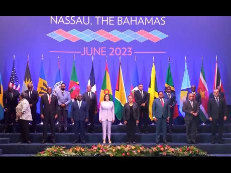 US Vice-President Kamala Harris, centre, poses for an official group photo with leaders attending the US-Caribbean Leaders Meeting at the Atlantis Conference Center in Nassau, Bahamas, on June 8.