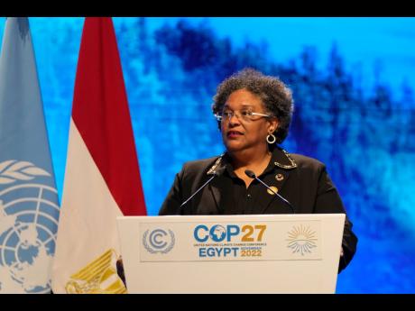 Mia Mottley, prime minister of Barbados, speaking at the COP27 UN Climate Summit on November 8, 2022, in Sharm el-Sheikh, Egypt.