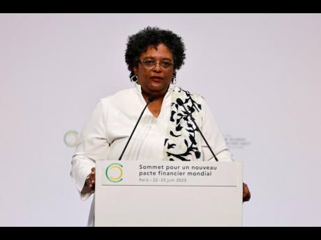 Prime Minister of Barbados Mia Mottley delivers her speech at the New Global Financial summit in Paris on Thursday.