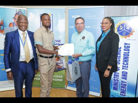 Kwan Bailey of Lacovia High receives a certificate and gift from Daryl Vaz after emerging as one of 10 winners in the Universal Service Fund Essay Competition. Sharing in the moment are Daniel Dawes (left), CEO of the USF, and Kayon Mitchell, executive dir