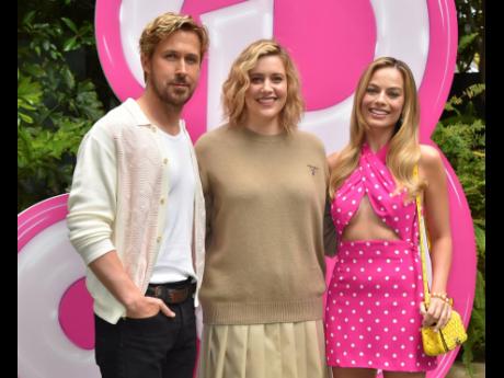 From left: Ryan Gosling, Greta Gerwig and Margot Robbie arrive at a photo call for ‘Barbie’ at the Four Seasons Hotel in Los Angeles. 