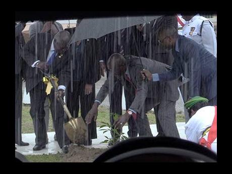 Prime Minister of Trinidad and Tobago Dr Keith Rowley (right), along with his Bahamian colleague, Phillip Davis, plant a pout tree amid pouring rain in Chaguaramas, to mark the 50th anniversary of CARICOM on Tuesday.