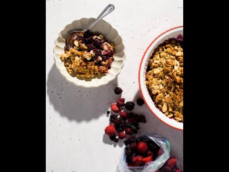 Mixed berry crumble with spiced oats and almonds. 