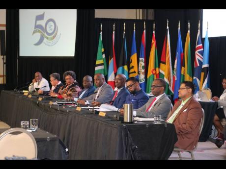 CARICOM leaders address the closing press conference of the 45th Regular Meeting of CARICOM Heads of Government, on July 5 at Port of Spain.