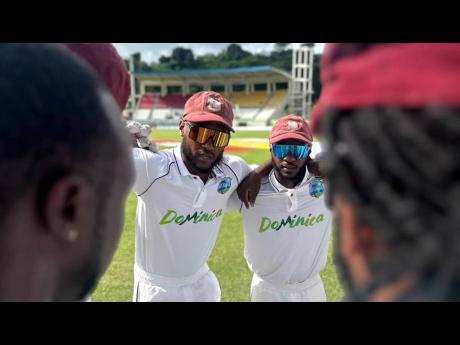 Credit: File West Indies captain, Kraigg Brathwaite (left) and his vice-captain Jermaine Blackwood during a team huddle ahead of the first Test match against India at Windsor Park in Dominica.