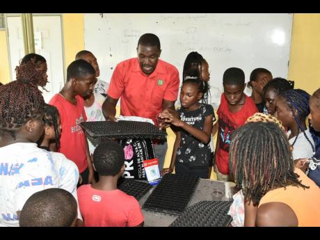 Instructor Prince Palmer (centre), leads a seed tray demonstration during the Jamaica 4-H Clubs’ summer camp.