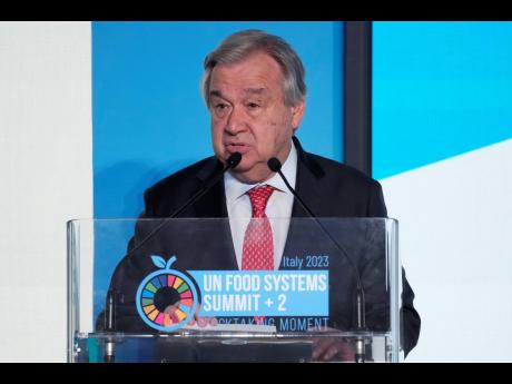 UN Secretary General Antonio Guterres addresses the assembly during the opening session of a three-day UN Food and Agriculture Agency’s summit on food systems in Rome on Monday.  IS IT ‘AGENCY OR ‘ORGANISATION’?