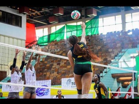 Jamaica’s captain, Sasha-Lee Thomas, spikes during action from the Caribbean Zonal Volleyball Association (CAZOVA) Senior Caribbean Championship in Paramaribo, Suriname.