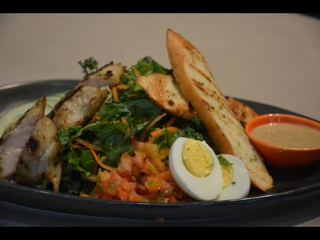 Credit: Janet Silvera The Naked Cobb Salad...with fresh tomatoes, eggs, shaved red onions, diced cucumber and fresh chickpeas.