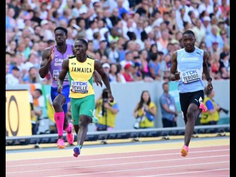 Credit: Gladstone Taylor Jamaica's Oblique Seville (centre) wins semi-final heat three of the men's 100 metres at the World Athletics Championships inside the National Athletics Centre in Budapest, Hungary earlier today. At right is Botswana's Letsile Tebogo, and Great Britain's R