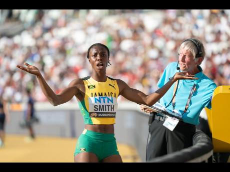 An upset Ackelia Smith questions the judges’ decision after  she was called for a foul on her third jump during the women’s long jump final at the 2023 World Championships in Budapest, Hungary, yesterday. Gladstone Taylor/Multimedia Photo Editor