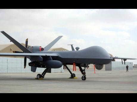 A US MQ-9 drone is on display during an air show at Kandahar Airfield, Afghanistan, in 2018. 