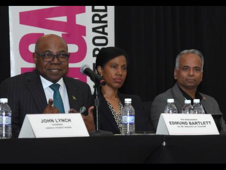 Credit: Ashley Anguin From left: Edmund Bartlett, Minister of Tourism, addresses the media as Nicola Madden-Greig, President, Caribbean Hotel and Tourist Association (CHTA) and Sanjay Kopalkar, Jetlines’ director of sales and business development, look on during a media break