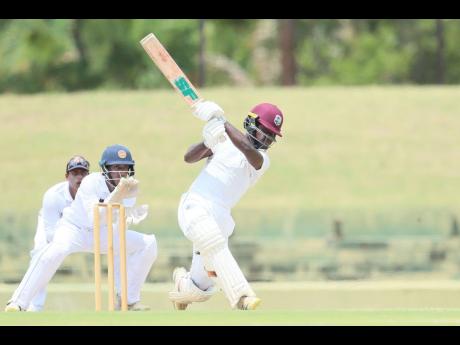 West Indies Under-19 batsman Jordan Johnson lays into a delivery during his knock of 133 not out against Sri Lanka Under-19s at the Rangiri Dambulla International Stadium yesterday.