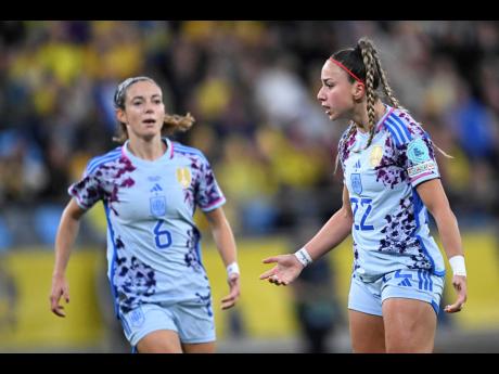 Credit: AP Spain’s Athenea del Castillo (right) celebrates with Aitana Bonmati after scoring during the Women’s Nations League football match between Sweden and Spain at Gamla Ullevi in Gothenburg, Sweden yesterday.