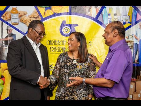 Janice Lee, general manager, CFF, and Anand James (right), managing director, CFF, share a light-hearted moment with Claude Smith, baking manager at the Jamaica Biscuit Company and guest speaker, following a successful close to the CFF Ingredients Seminar.