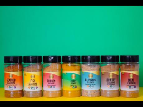 Seven of the eight City Eats seasoning manufactured by Sabrina McDonald, a 27-year-old St Elizabeth-born entrepreneur whose seasoning has gone viral. Pictured here are fish, all-purpose, chicken, curry, jerk, seafood, and meat seasoning.