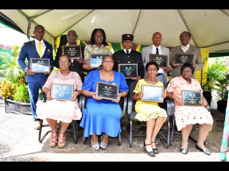 Credit: Audley Boyd The 10 Hanover 2023 National Heroes’ Day awardees pose for the cameras following the presentation which took place on Sunday in the Sir Alexander Bustamante Square in Lucea.