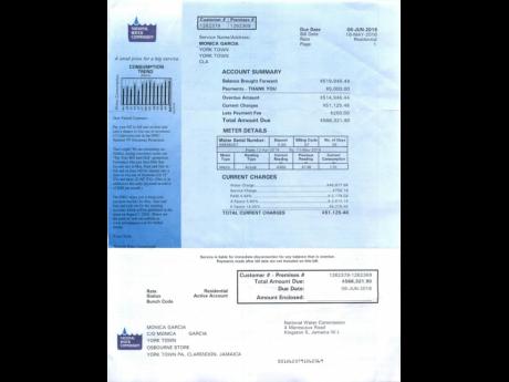 Monica Garcia’s NWC bill reflecting charges over half-million dollars for premiers in York Town, Clarendon. 