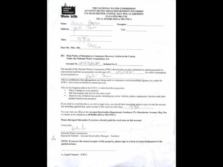 A letter from the National Water Commission’s accounts receivables department notifying Monica Garcia of its intended court action.