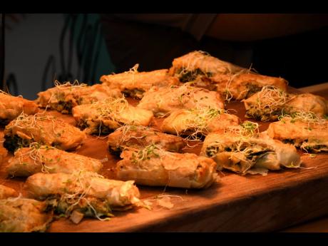 A closer look at the mouth-watering spinach and feta phyllo cigar rolls from the Mediterranean.
