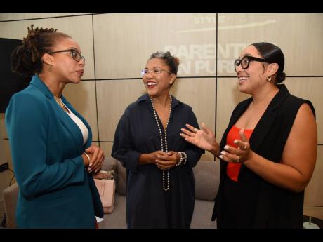 Jehan White (left), counselling psychologist, Sonia Wynter (centre), principal therapist and CEO, Tea House Therapy, and Chalanie Stiebel Lawton, developmental and clinical psychologist, discuss ideas just before the start of the Parenting on Purpose: Navi