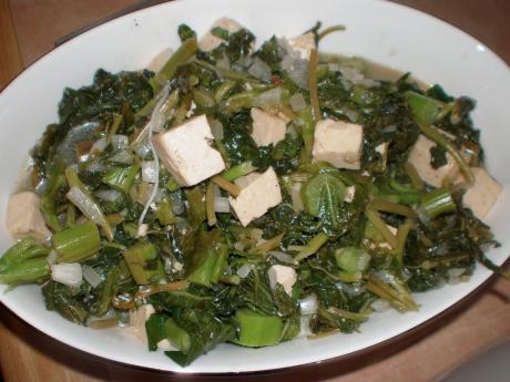 Wasabi and honey sauteed tofu and callaloo. Tofu and callaloo are excellent sources of magnesium.