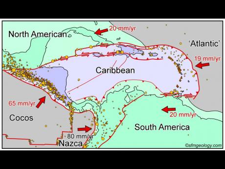 Volcanoes in the Lesser Antilles and America arcs (red triangles) and Earthquakes (USGS database) magnitude 5–8 (circles with increasing diameter) for the last 20 years