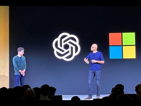 In this file photo, OpenAI CEO Sam Altman (left) appears onstage with Microsoft CEO Satya Nadella at OpenAI’s first developer conference, on November 6, 2023, in San Francisco. Negotiators will meet this week to hammer out details of European Union artif