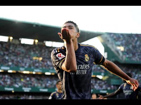 Credit: AP
Real Madrid’s Jude Bellingham blows a kiss to fans in celebration after scoring the opening goal during a Spanish La Liga football match against Betis at the Benito Villamarin stadium in Seville, Spain, yesterday.